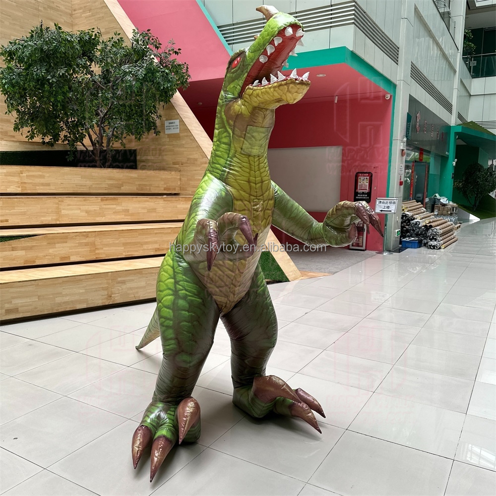 Realistic green tall thin dinosaur costume nylon smooth material custom inflatable dinosaur mascot costume