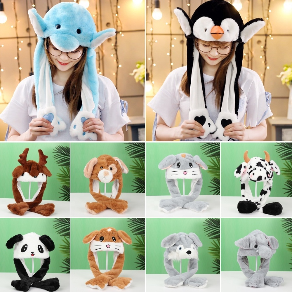 Adult Kids Light Up Plush Animal Hat with Moving Ears Cartoon Rabbit Bunny Panda LED Glowing Earflap Cap Stuffed Toys