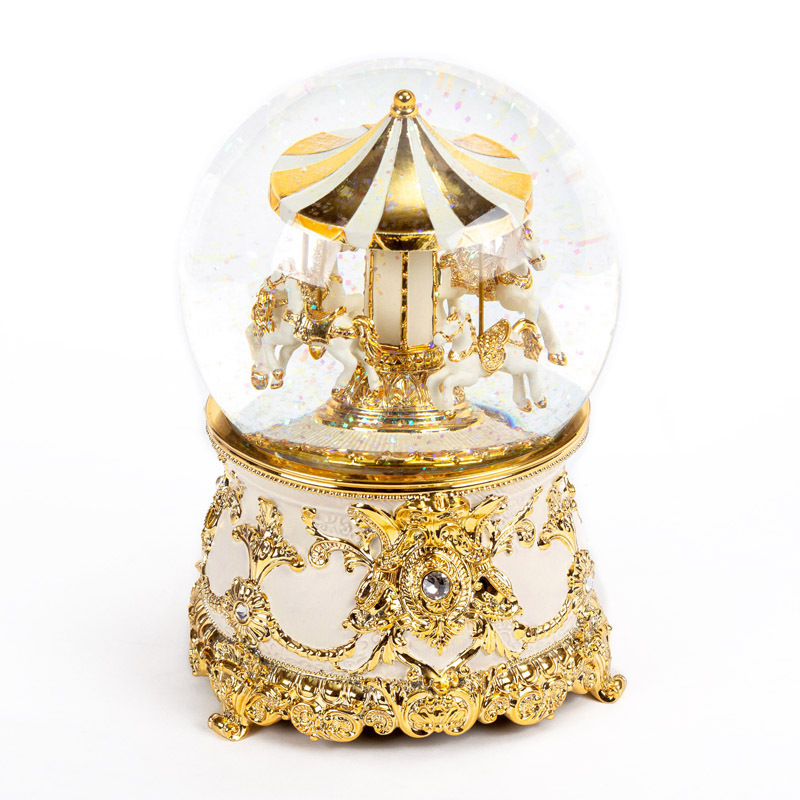 Gold Carousel Electroplated Music And Rotation Snow Ball High-grade Gift Crystal Ball Merry-go-round Snow Globe