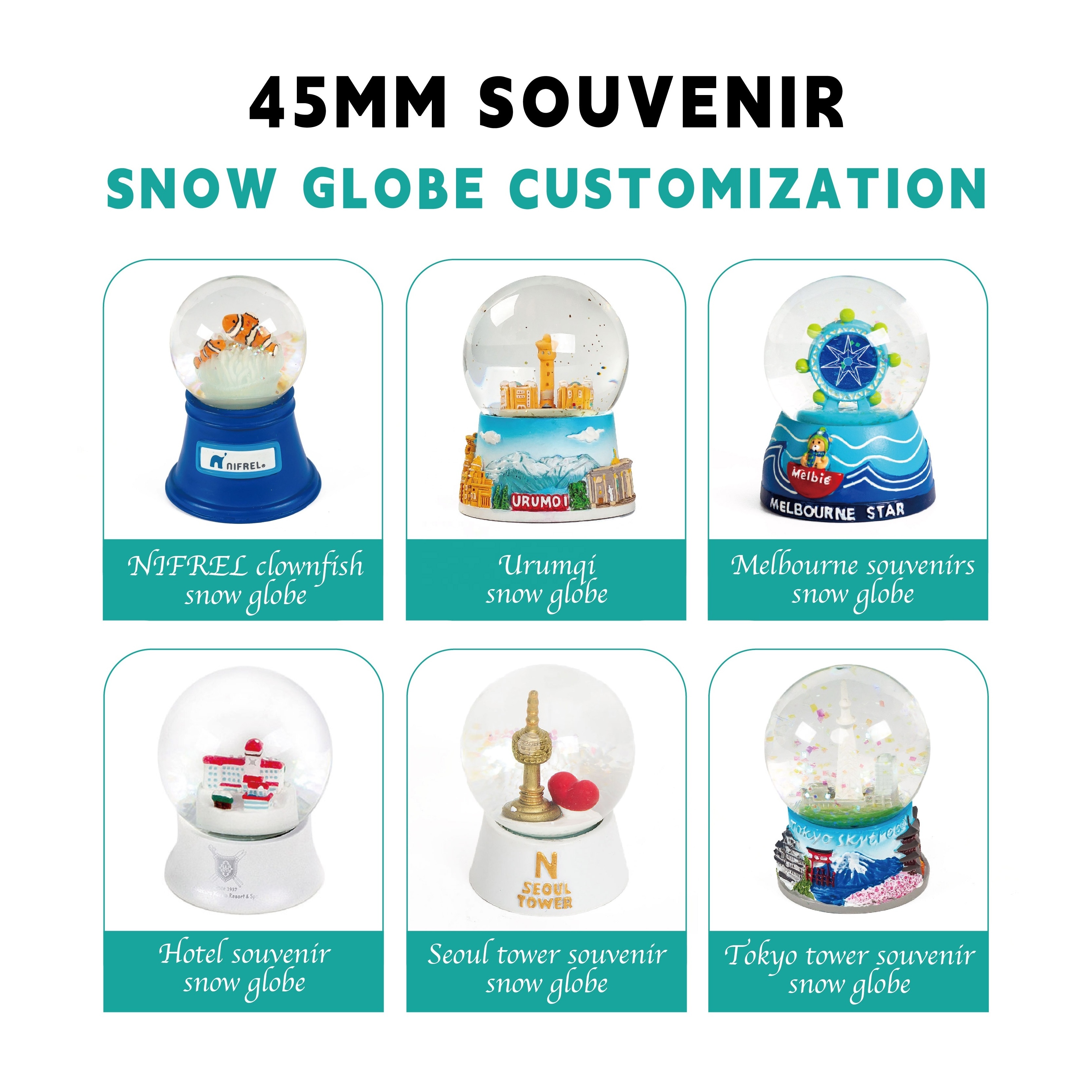 Custom 35 45 55 65 80 100 mm Resin Crafts Glass Crystal Snow Globe Water Snow Ball For Country City Souvenir Luxury Ornament