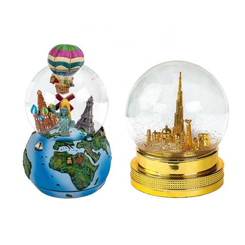 Custom 150MM Diameter Electroplated Resin Building Model Earth Glass Snow Globe Durable Souvenir Gifts Artificial Style Dubai