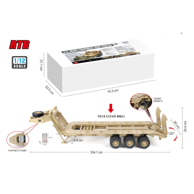 HG P806 RTR Pre-Assembled Trailer RC Flatbed 1/12 Heavy Equipment Semi Trailer for U.S M747 RC Car Vehicles Model