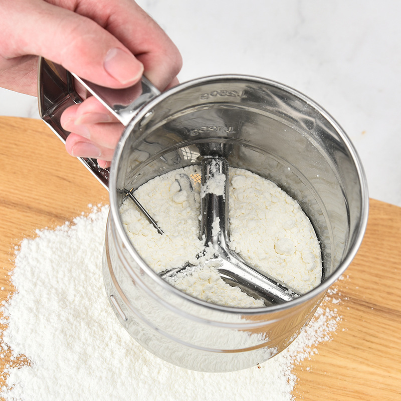 Multi Function Baking Flour Sifter Stainless Steel Double-Layer Hand Crank Flour Sieve One-Hand Press Crank Fine Mesh Sifter