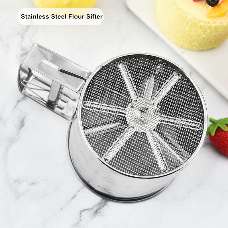 Multi Function Baking Flour Sifter Stainless Steel Double-Layer Hand Crank Flour Sieve One-Hand Press Crank Fine Mesh Sifter