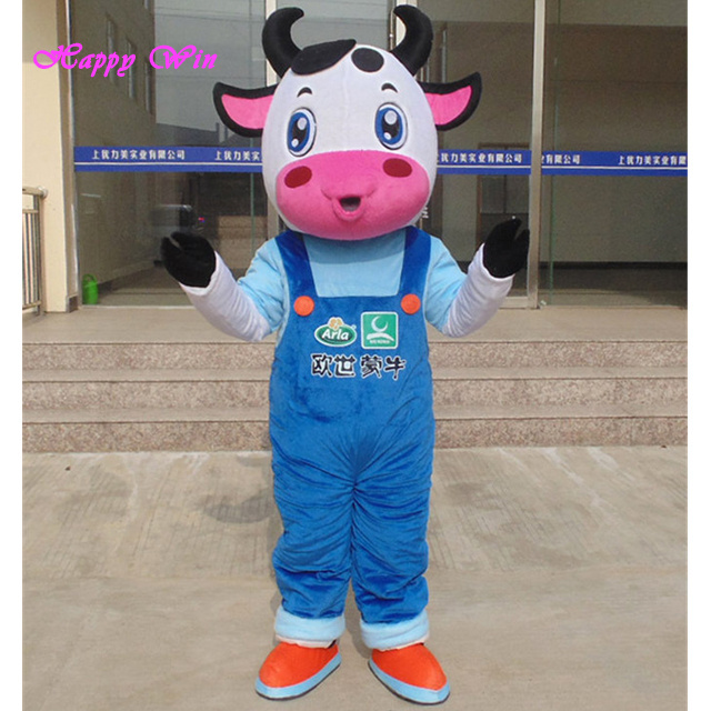 Comfortable factory direct sale customized china white cow with blue clothes mascot Characters costume for sale