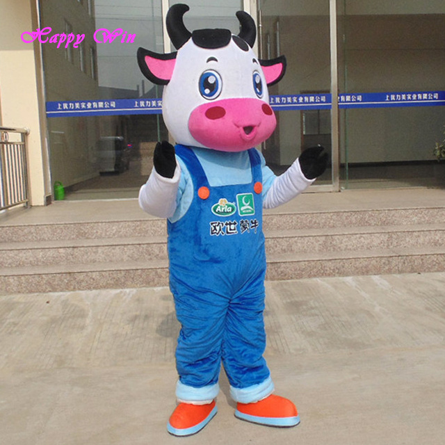 Comfortable factory direct sale customized china white cow with blue clothes mascot Characters costume for sale