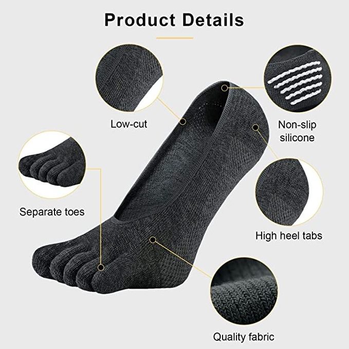 Mens No Show Toe Low Cut Ankle Invisible Loafer Sneakers Five Fingers Cotton Non Slip Grips Socks