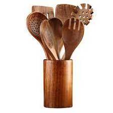 High quality salad server set Kitchen cooking tools natural acacia wood spoons and salad fork utensils set 6 piece with holder