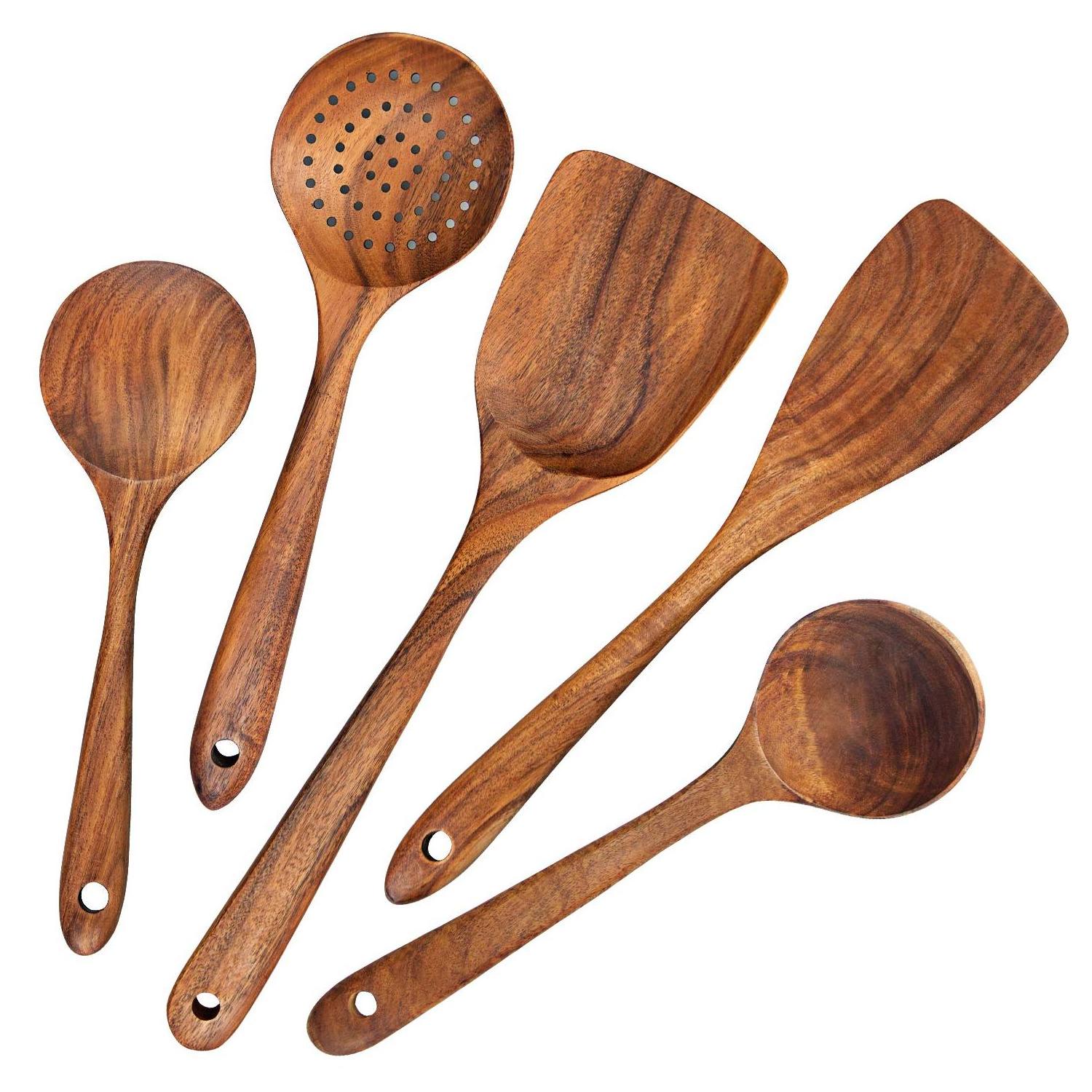 High quality salad server set Kitchen cooking tools natural acacia wood spoons and salad fork utensils set 6 piece with holder