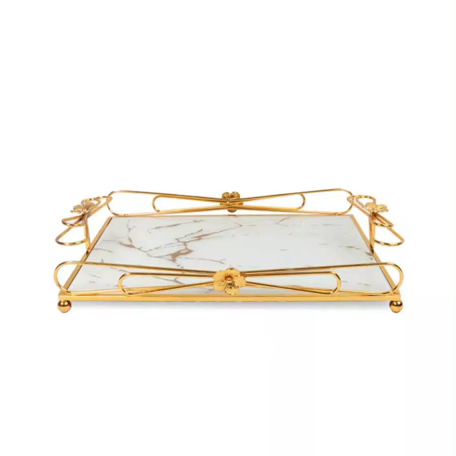 High Quality Metal And Marble Serving Tray In Gold Finished With Marble Designs Metal And Marble Serving Tray In Wholesale Price