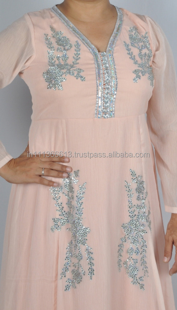 Beautifully Designed Chiffon Full Length Abaya with Crepe Lining and Crystal Embleshments on Full Front and Neck