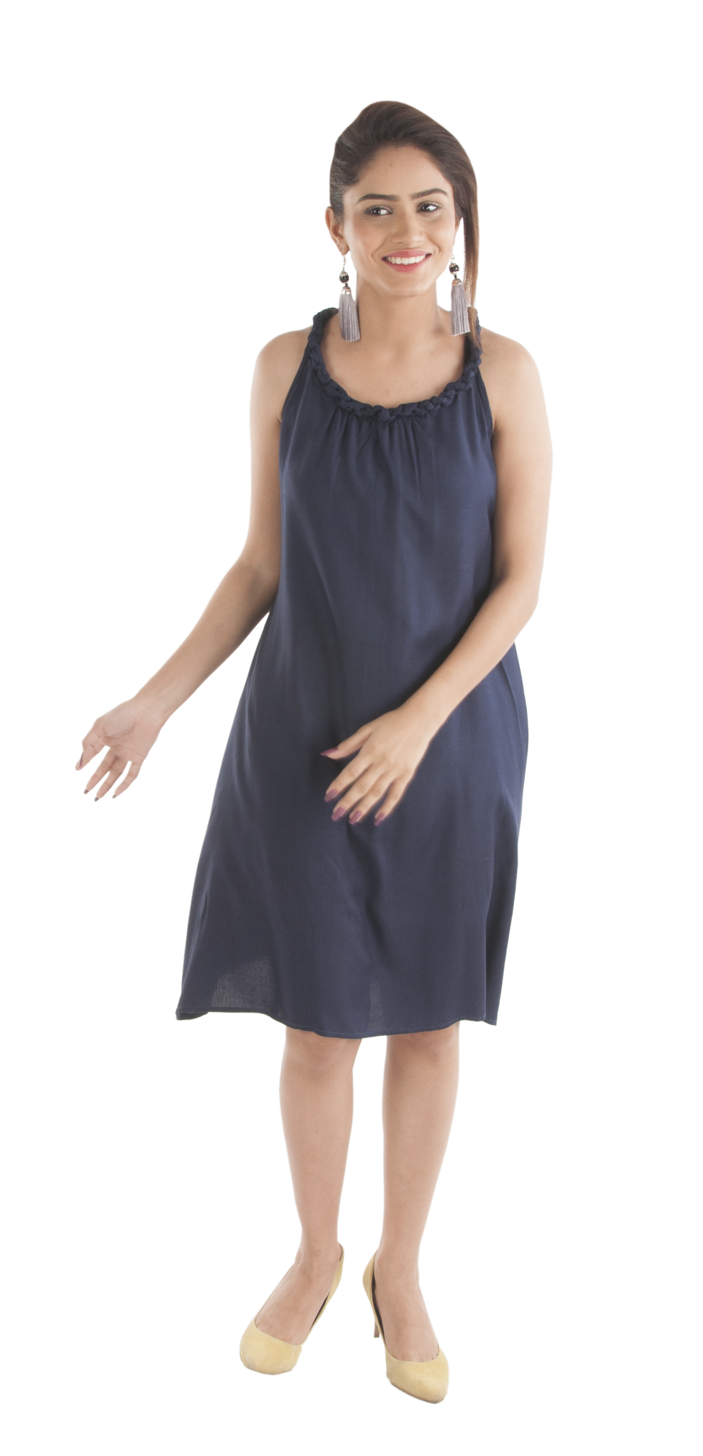 Top Quality Bamboo Knee Length Stylish Neck Braid Design Dress with Flowing Bottom for Girls available at Reasonable Price