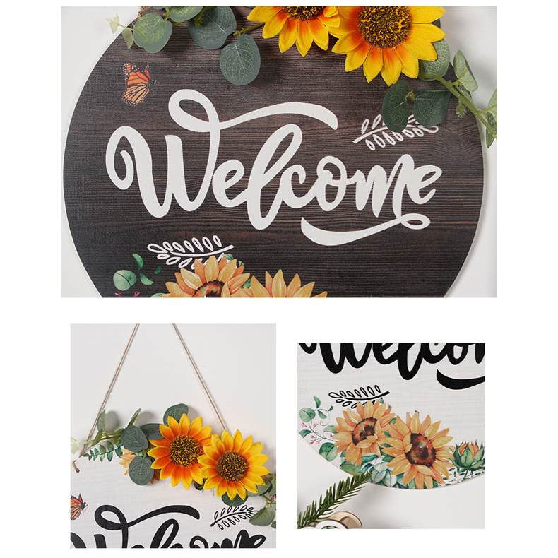 Welcome Doorplate Decoration Circular Sign Cross border Sunflower Wood door decor