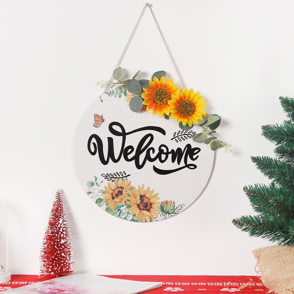 Welcome Doorplate Decoration Circular Sign Cross border Sunflower Wood door decor