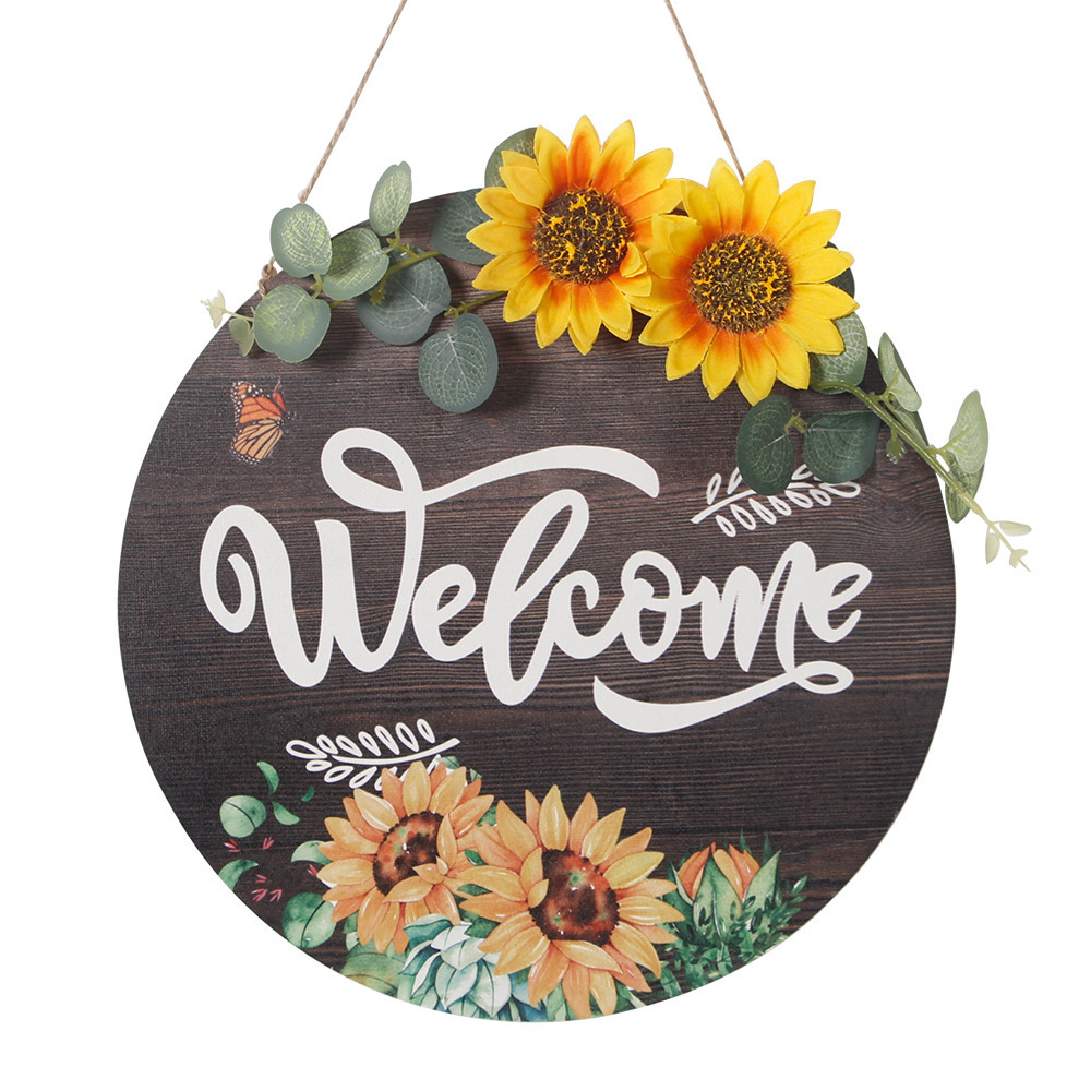 Welcome Doorplate Decoration Circular Sign Cross border Sunflower Wood door decor