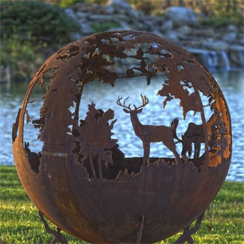 Wood Outdoor Charcoal Corten Steel Fire Pit Ball Sphere BBQ Grill Sculpture Globe Outdoor