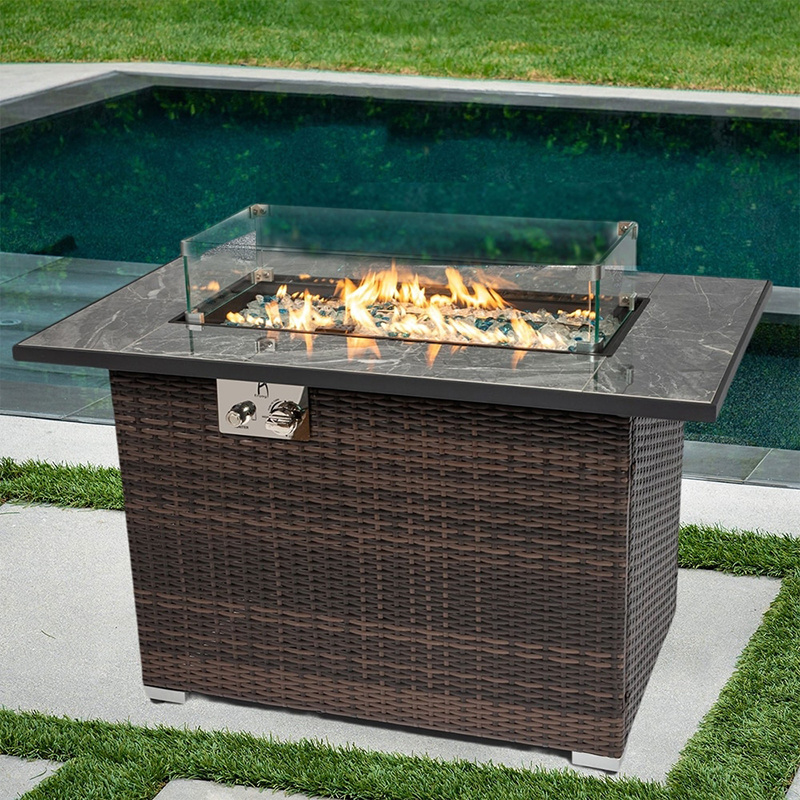 Outdoor Propane Gas Fire Pit Table 50000 BTU Auto-Ignition Gas Firepit with Glass Wind Guard Black Tempered Glass Tablet