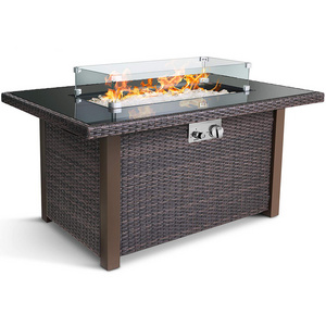 Outdoor Propane Gas Fire Pit Table 50000 BTU Auto-Ignition Gas Firepit with Glass Wind Guard Black Tempered Glass Tablet