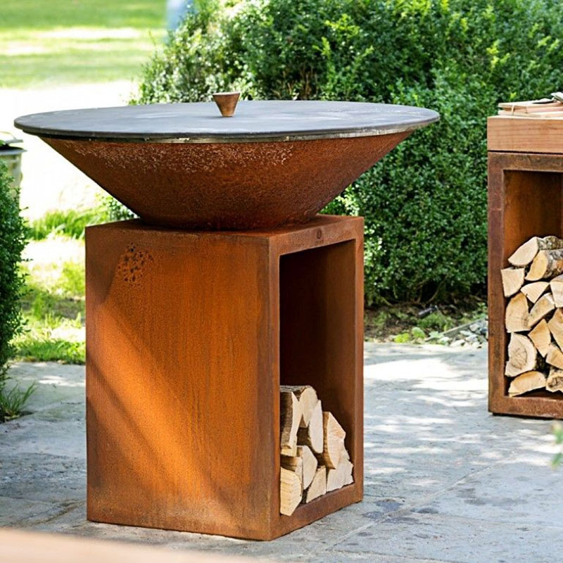 Wood Burning Cooking Stove Bbq Charcoal Grill and Pan Corten Steel Fire Pit with Log Storage