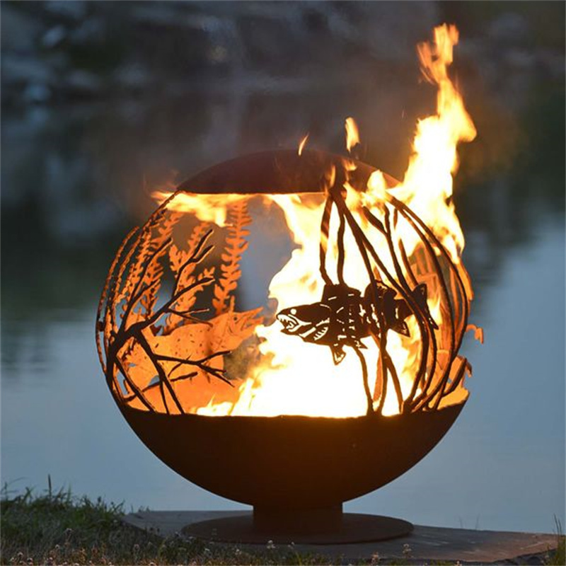 Wood Outdoor Charcoal Corten Steel Fire Pit Ball Sphere BBQ Grill Sculpture Globe Outdoor