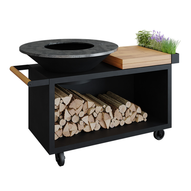 Wood Burning Cooking Stove Bbq Charcoal Grill and Pan Corten Steel Fire Pit with Log Storage