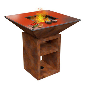 Wood Burning Cooking Stove Bbq Charcoal Grill and Pan Corten Steel Fire Pit with Log Storage