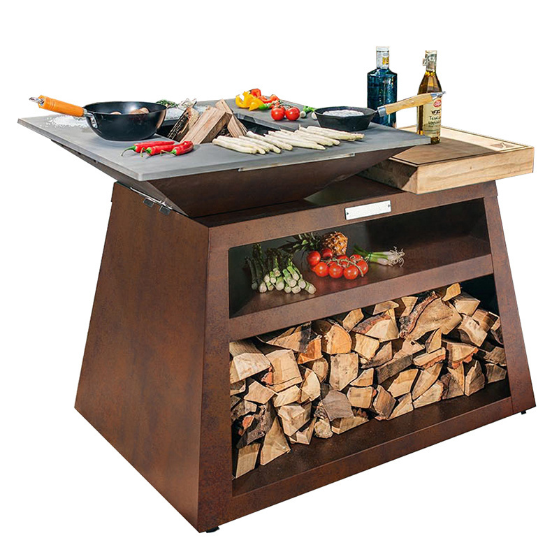 Wood Burning Cooking Stove Bbq Charcoal Grill and Pan Corten Steel Fire Pit with Log Storage