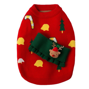 New autumn winter festive warm knit multi-pattern with moose brooch pet Christmas sweater