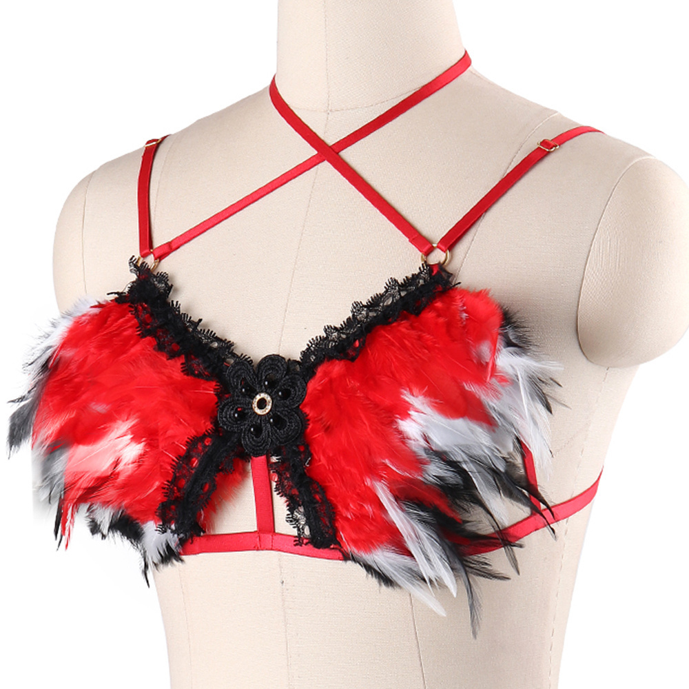 Prom Christmas red Stripper Outfit Decoration Feathers Party Rave Sexy Woman Feather Hollow exotic-dancewear