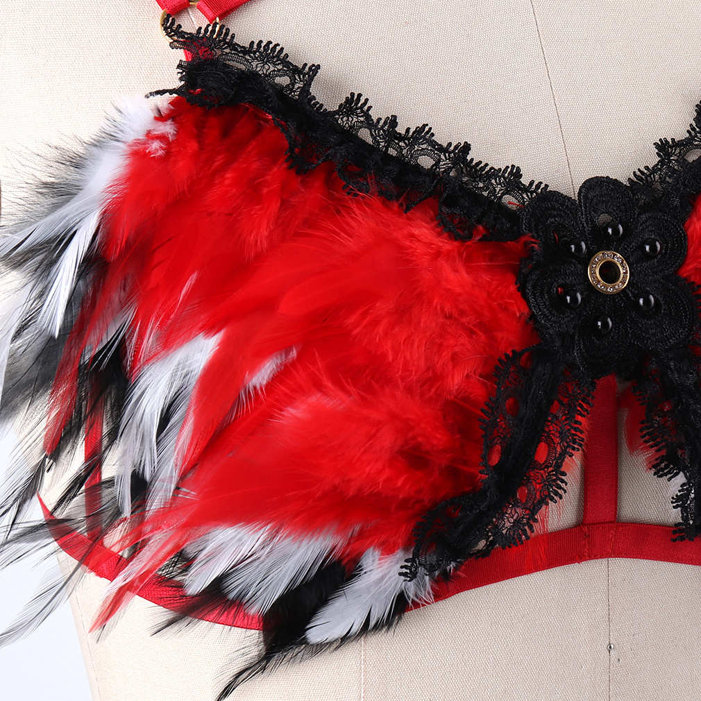 Prom Christmas red Stripper Outfit Decoration Feathers Party Rave Sexy Woman Feather Hollow exotic-dancewear