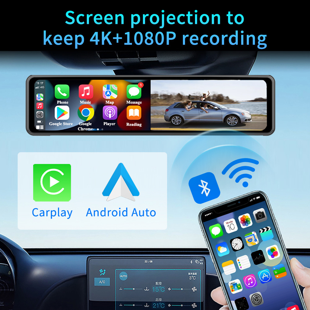 11.26 Inch 4K Car DVR Wireless CarPlay Android Auto ADAS WiFi Dash Cam GPS FM Rearview Mirror Video Recorder 24h Parking Monitor