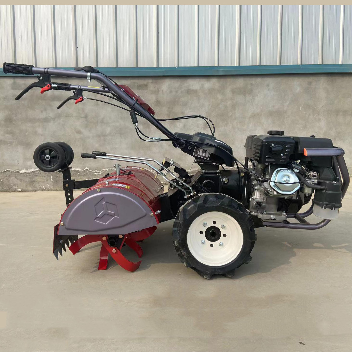 Garden or orchard gasoline engine powered rotary tiller lawn mower