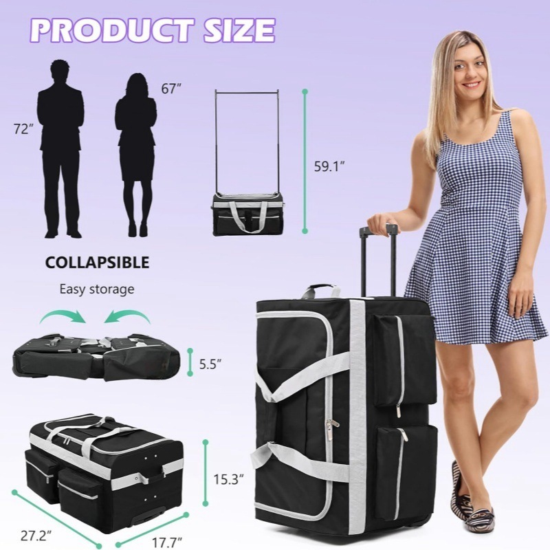 Traveling Collapsible Costume Rolling Duffel Bags With Wheels Garment Rack Luggage Dance Bag With Garment Rack Trolley For Girl