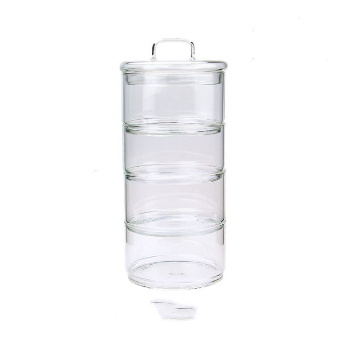 Handmade high borosilicate 2 layer 3 layer 4 layer stackable glass food storage jar canister with glass or bamboo lid