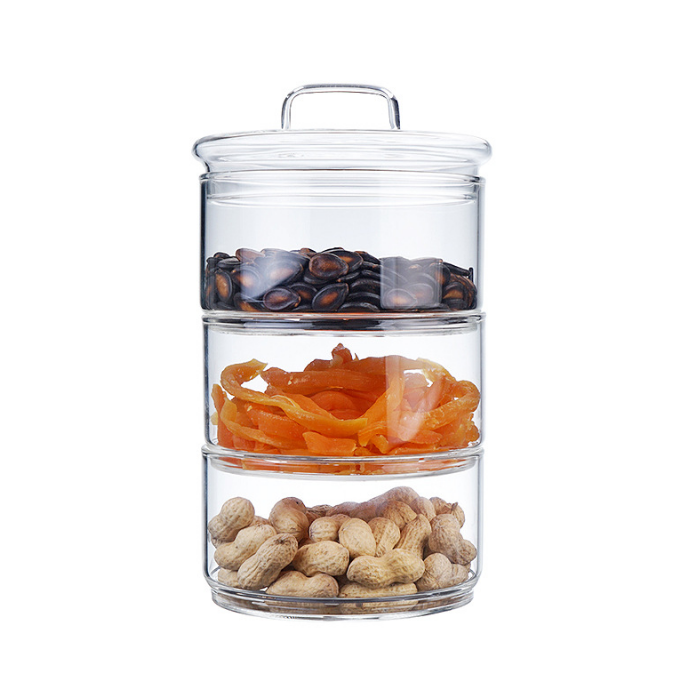 Handmade high borosilicate 2 layer 3 layer 4 layer stackable glass food storage jar canister with glass or bamboo lid