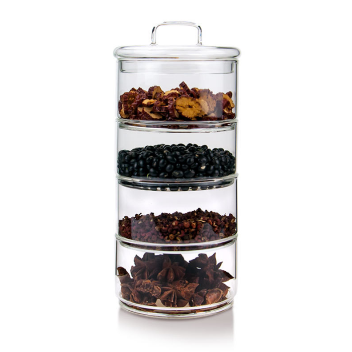 Handmade high borosilicate 2 layer 3 layer 4 layer stackable glass food storage jar canister with glass or bamboo lid