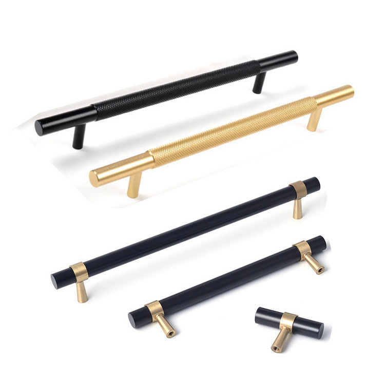 Nordic Luxury Cupboard Handle Black Gold Knurled Kitchen Door Pull Satin Brass T Bar Cabinet Handle