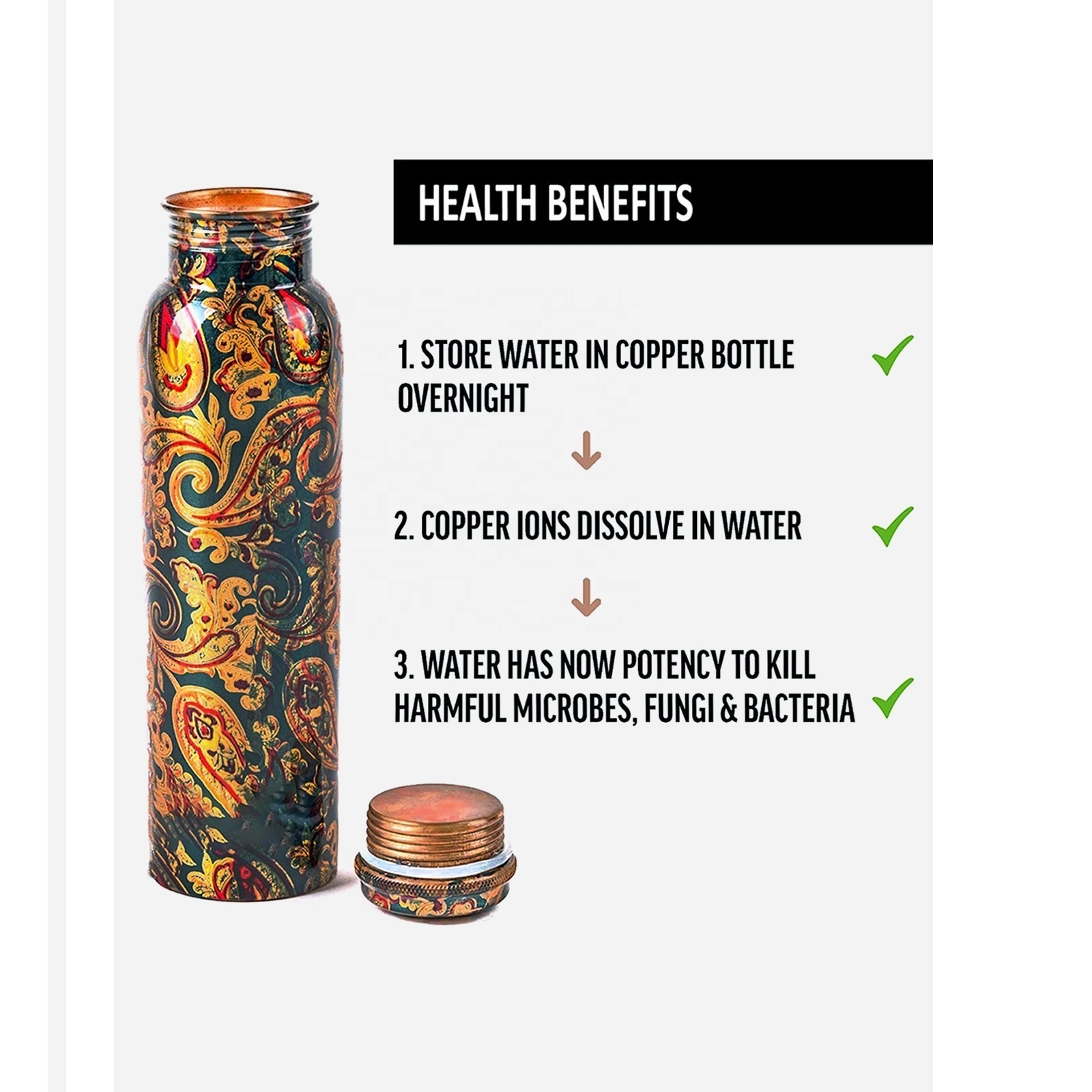 Brass Premium Pure Copper Water Bottle With Health Benefits Lacquer copper bottle set for Travel and office 1000 ml Set of 1