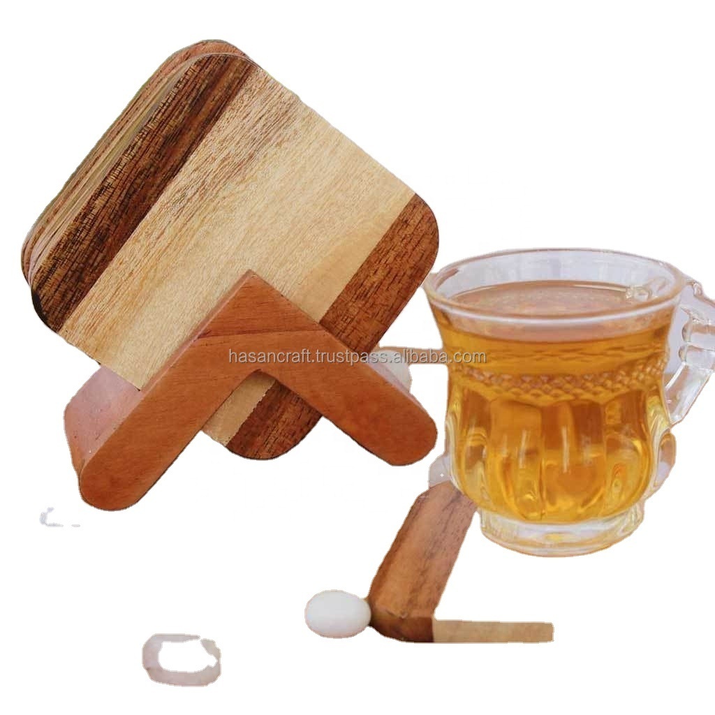 100%Natural High Quality Wood Serving Coaster with Stand Classic Coaster Box Wholesale & Hot Coaster for home hotel & restaurant