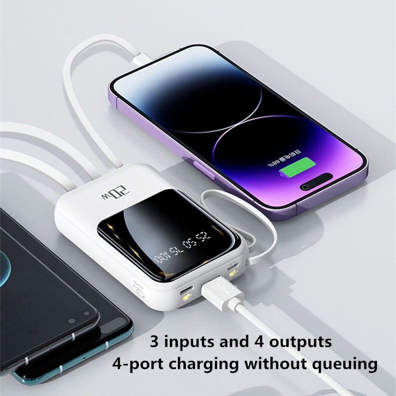 Custom 10000Mah Powerbank Battery Charger Ultra Slim Thin Portable Mobile Mini 10000 Mah Power Bank with Built-in 4 Cable