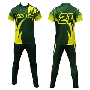 Sublimated Cricket Uniform Kit tee shirt and trouser cricket match wear sets with Custom brand logo and team name jersey