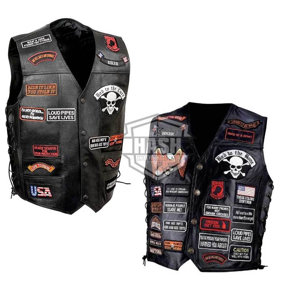 Custom Leather Vest Waistcoat Biker Motorcycle Men Club Cut Style Classic Leather Biker Vest in unique style with Patch work