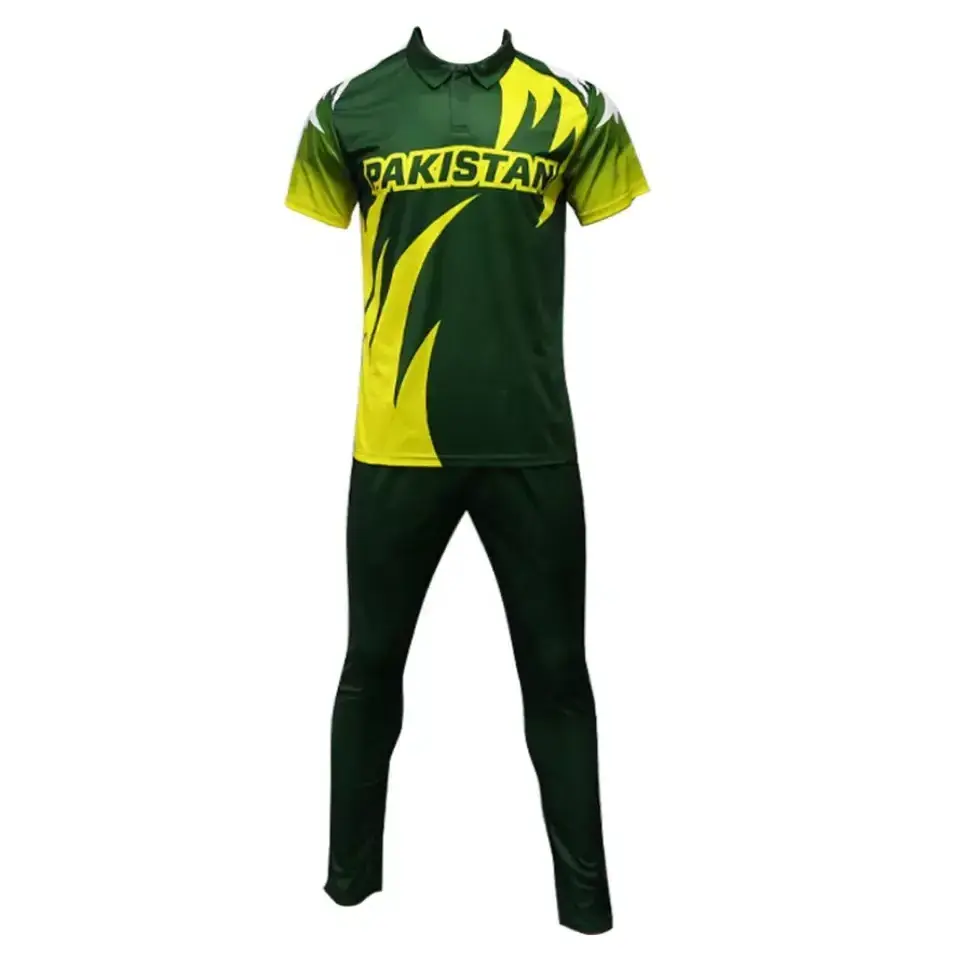 Sublimated Cricket Uniform Kit tee shirt and trouser cricket match wear sets with Custom brand logo and team name jersey