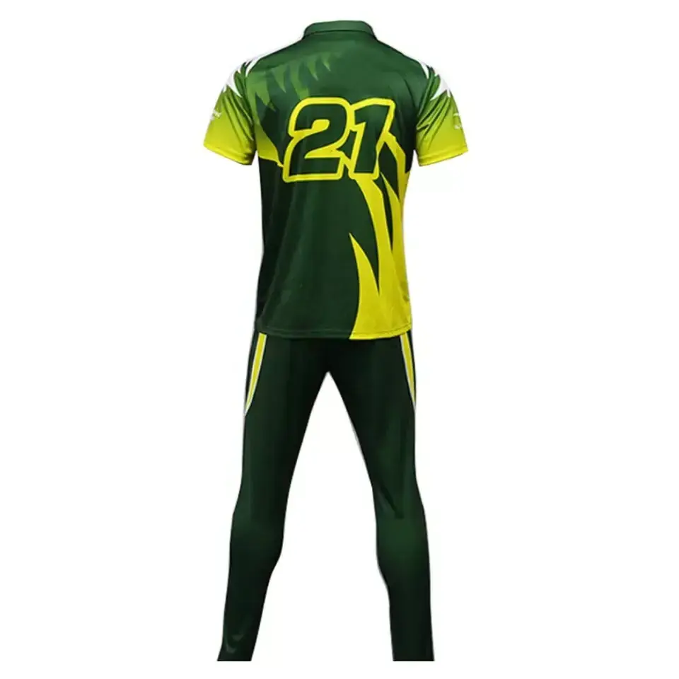 Sublimated Cricket Uniform Kit tee shirt and trouser cricket match wear sets with Custom brand logo and team name jersey