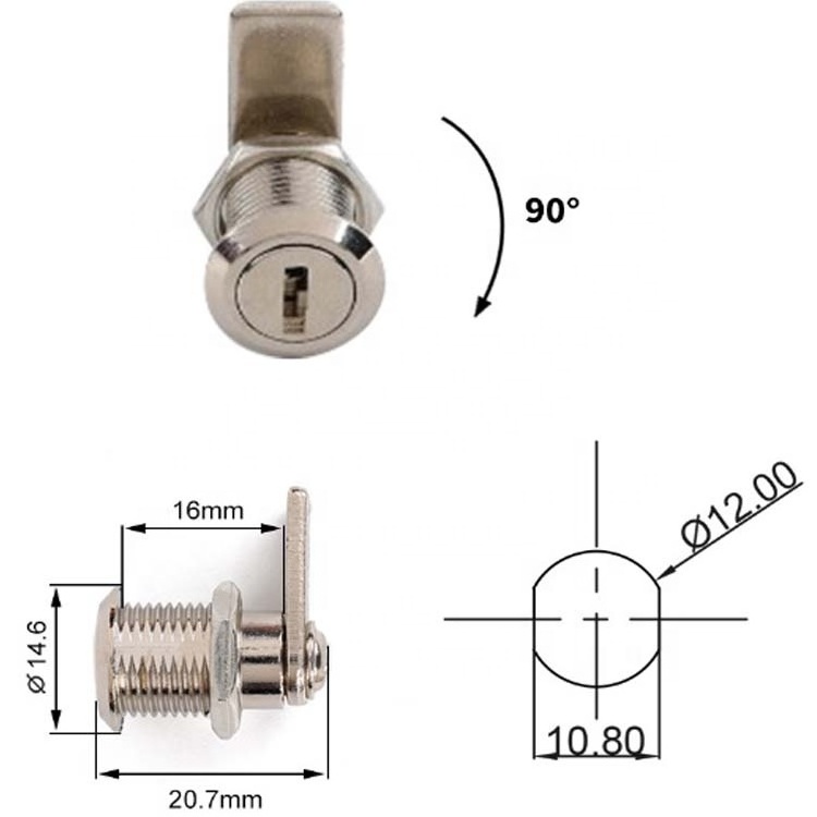 12mm chassis cash box lock core integrated machine elevator cabinet CAM lock rotary tongue lock