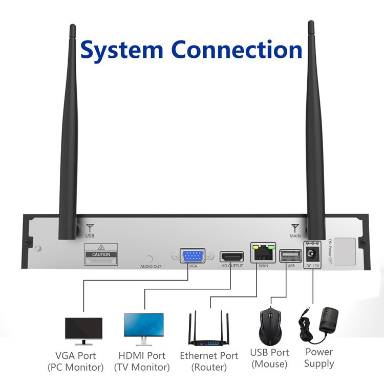 WiFi IP Outdoor Home Security 4 Channel HD Wireless Security Camera System Kits for Villa, Home, Office, Shop, Warehouse