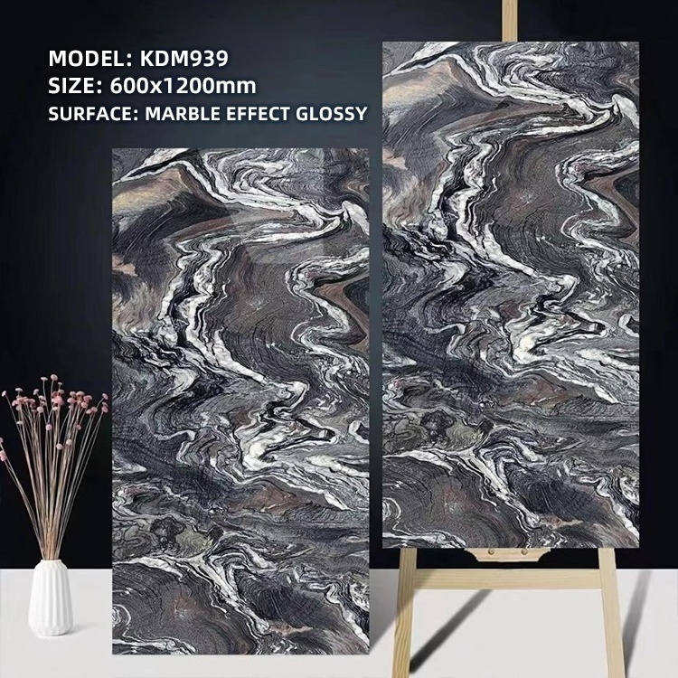 Free sample 600x1200mm black gold luxury polished glazed tiles livingroom porcelain floor tile