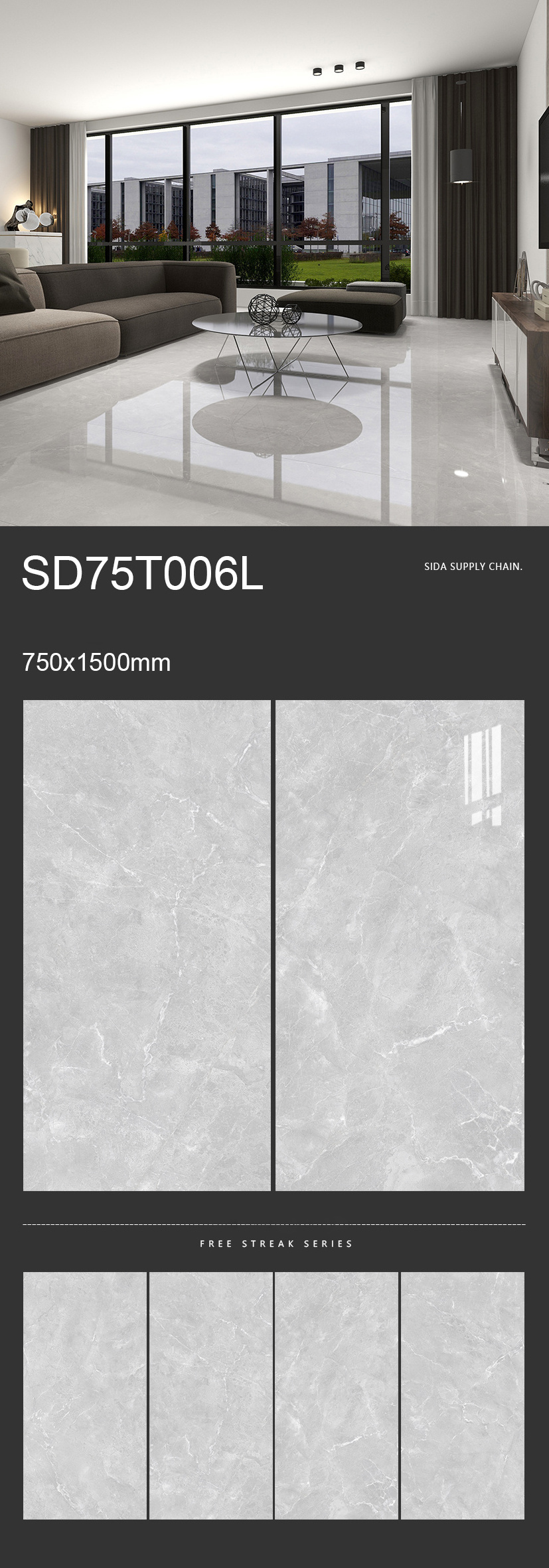 750x1500mm Full Body Marble Grey White Polished Porcelain Tile  Big Porcelain Slab Tile For Floor Wall Decoration