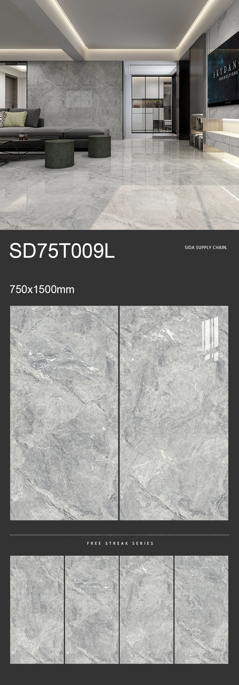 750x1500mm Full Body Marble Grey White Polished Porcelain Tile  Big Porcelain Slab Tile For Floor Wall Decoration