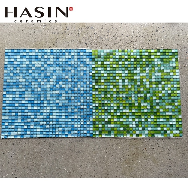 Hasin Crystal Blue Colorful Mosaic Glass Square 305*305mm Hot Sale Backsplash For Swimming Pool Tile